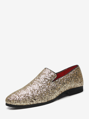 ゴールド メンズ リベットローファー スリッポン ポインテッドトゥ グリッター ペニーシューズ タキシードスーツ ドレス プロムシューズ