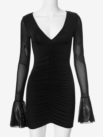 ブラック Vネック ボディコンドレス 透け感 長袖 プリーツ ミニドレス レディース 2026