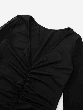 ブラック Vネック ボディコンドレス 透け感 長袖 プリーツ ミニドレス レディース 2026