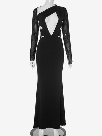 カットアウト入りブラックボディコンドレス、シアーロングスリーブマキシドレス（レディース）2025