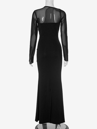 カットアウト入りブラックボディコンドレス、シアーロングスリーブマキシドレス（レディース）2025