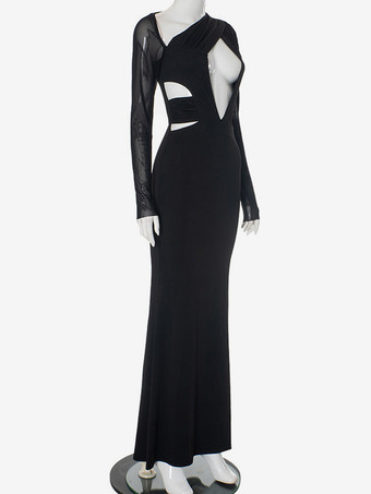 カットアウト入りブラックボディコンドレス、シアーロングスリーブマキシドレス（レディース）2025