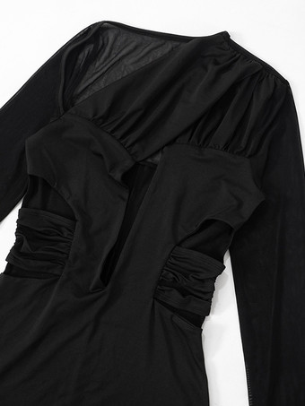 カットアウト入りブラックボディコンドレス、シアーロングスリーブマキシドレス（レディース）2025