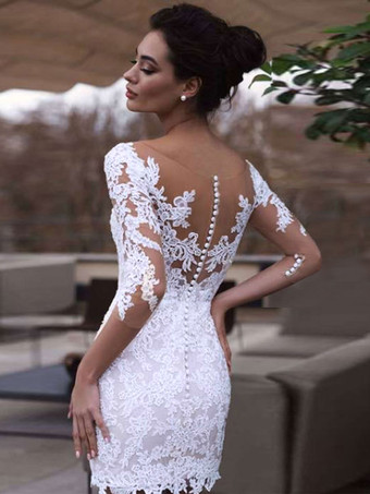 ホワイトショートウェディングドレス イリュージョンネックライン 7分袖 シース ショートブライダルドレス