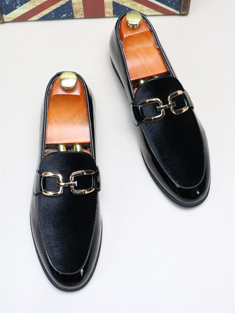 メンズ ホースビットローファー チェーンバックル装飾 スリッポン ポインテッドトゥ ローヒール ペニーシューズ