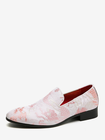 ピンクメンズ刺繍ローファー、中国風龍プリントスモーキングシューズ、スリッポン、ポインテッドトゥ、ローヒール、ペニーシューズ