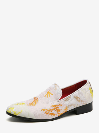 イエローメンズ刺繍ローファー、中国風龍プリントスモーキングシューズ、スリッポン、ポインテッドトゥ、ローヒール、ペニーシューズ