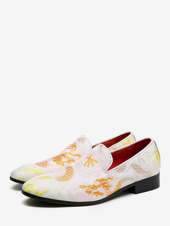 メンズ刺繍ローファー、中国風龍プリントスモーキングシューズ、スリッポン、ポインテッドトゥ、ローヒール、ペニーシューズ