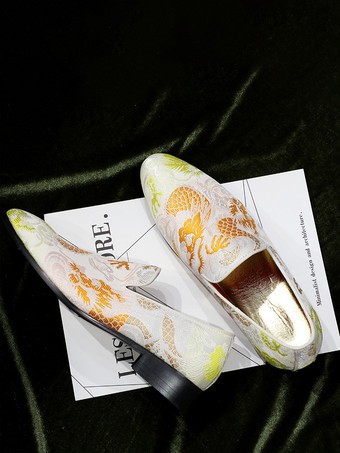 メンズ刺繍ローファー、中国風龍プリントスモーキングシューズ、スリッポン、ポインテッドトゥ、ローヒール、ペニーシューズ