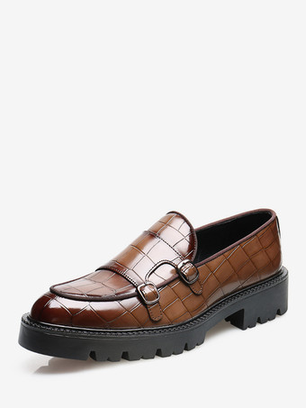 ディープブラウンメンズローファー ダブルモンクストラップ スリップオン ノンスリップ プラットフォーム チャンキーペニーシューズ