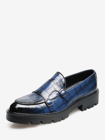 ブルー メンズローファー ダブルモンクストラップ スリップオン ノンスリップ プラットフォーム チャンキーペニーシューズ