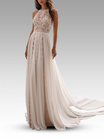 Boho Brautkleid Hippie-Braut elfenbeinfarbe Illusion Ausschnitt Chiffon ärmellos Boho Retro Brautkleid
