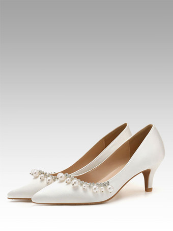 Woman's Mid-Low Heels Elegant Pointed Toe Kitten Heel Slip-On Pretty Pearls White Wedding Pumps & Heels