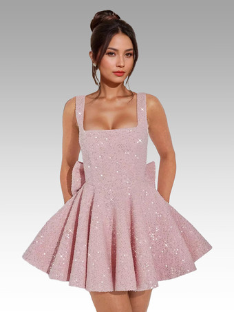 Pailletten-Minikleid mit Schleife hinten quadratischer Ausschnitt A-Linie Geburtstagspartykleid für Frauen 2025
