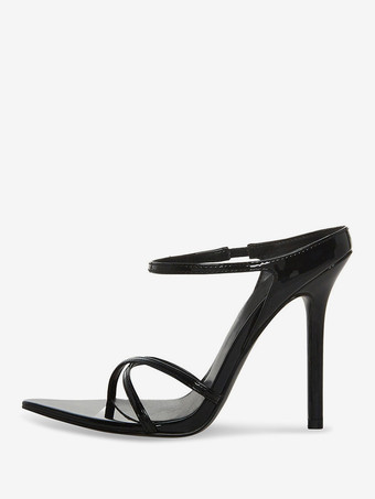 ブラック レディース ハイヒールサンダル オープントゥ ストラップ スティエットヒール ミュール