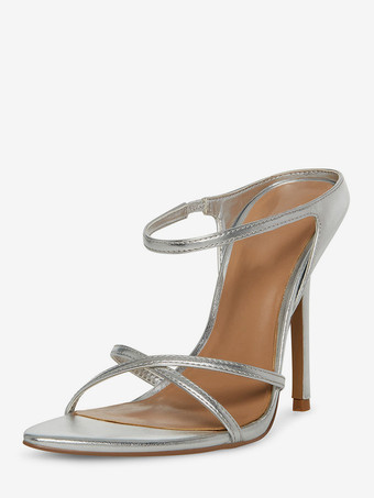 シルバー レディース ハイヒールサンダル オープントゥ ストラップ スティエットヒール ミュール