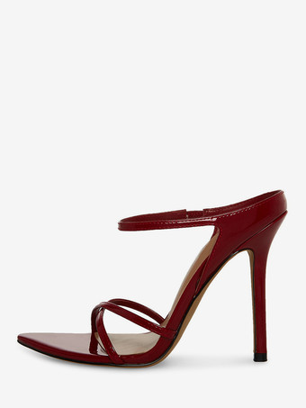 ワインレッド レディース ハイヒールサンダル オープントゥ ストラップ スティエットヒール ミュール
