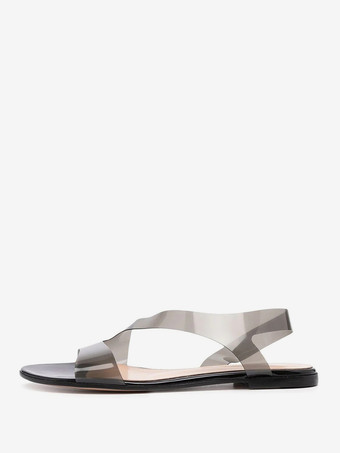 ブラック レディース フラットサンダル 透明オープントゥ ビーチサンダル シューズ