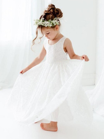 白いフラワーガールドレス ホワイトレースのノースリーブジュエルネックフラワーガールドレス