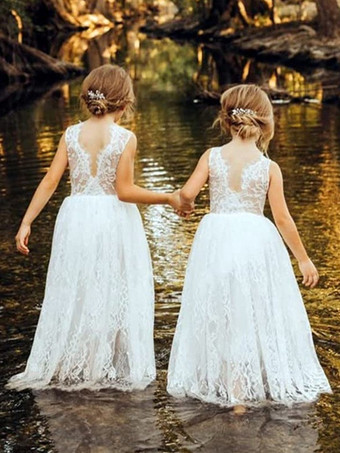 ホワイト 白いフラワーガールドレス ホワイトレースのノースリーブジュエルネックフラワーガールドレス