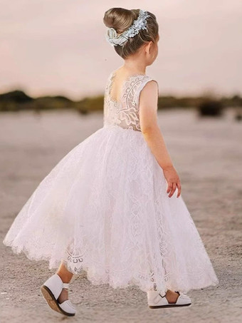 白いフラワーガールドレス ホワイトレースのノースリーブジュエルネックフラワーガールドレス