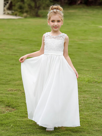 白いフラワーガールドレス ホワイトレースのノースリーブジュエルネックフラワーガールドレス