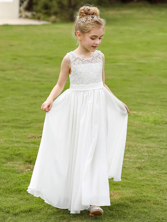 白いフラワーガールドレス ホワイトレースのノースリーブジュエルネックフラワーガールドレス