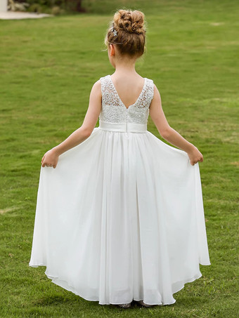 白いフラワーガールドレス ホワイトレースのノースリーブジュエルネックフラワーガールドレス