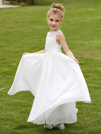 白いフラワーガールドレス ホワイトレースのノースリーブジュエルネックフラワーガールドレス