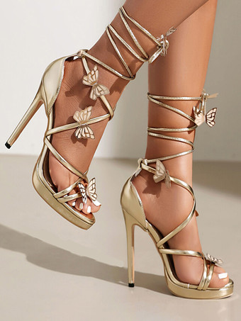 ハイヒールサンダル シルバー オープントゥ レースアップ バタフライディテール パーティーシューズ