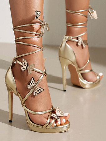 ハイヒールサンダル シルバー オープントゥ レースアップ バタフライディテール パーティーシューズ