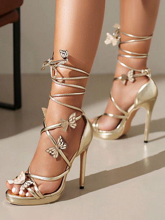 ゴールド ハイヒールサンダル シルバー オープントゥ レースアップ バタフライディテール パーティーシューズ