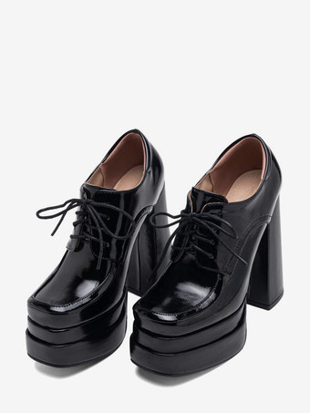 ブラック プラットフォーム ローファー スクエアトゥ レースアップ チャンキーヒール パンプス