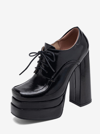 ブラック ブラック プラットフォーム ローファー スクエアトゥ レースアップ チャンキーヒール パンプス