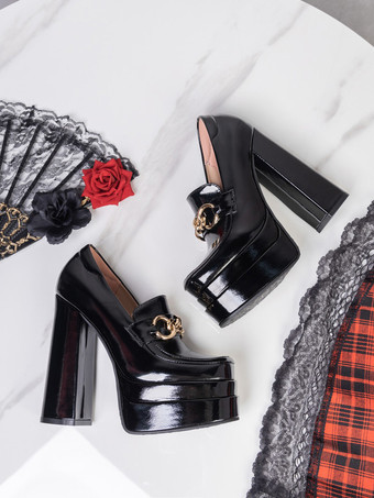 ハイヒールローファー、プラットフォームスクエアトゥ、チェーンディテール、チャンキーヒールパンプス