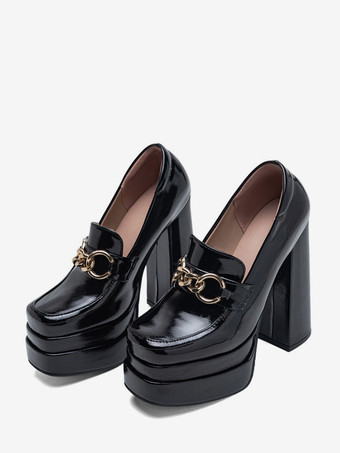 ハイヒールローファー、プラットフォームスクエアトゥ、チェーンディテール、チャンキーヒールパンプス