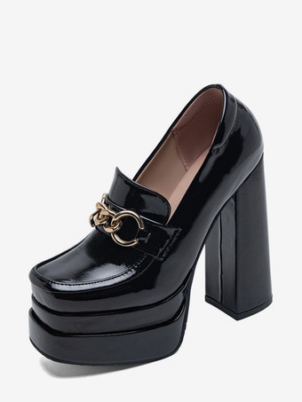 ブラック ハイヒールローファー、プラットフォームスクエアトゥ、チェーンディテール、チャンキーヒールパンプス