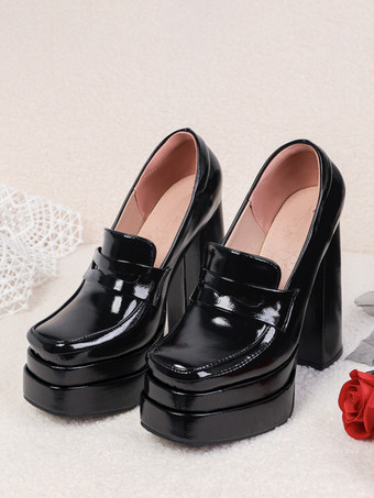 レディース ブラック ローファー ハイヒール プラットフォーム スクエアトゥ スリッポン パンプス