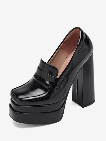 ブラック レディース ブラック ローファー ハイヒール プラットフォーム スクエアトゥ スリッポン パンプス