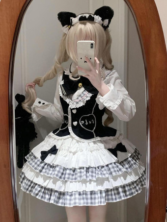 ロリータ スリーピース スーツ フリル スカート レーストリム ベスト ホワイト シャツ キュート プリンセス ドレス スーツ