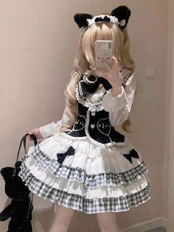 ブラック ロリータ スリーピース スーツ フリル スカート レーストリム ベスト ホワイト シャツ キュート プリンセス ドレス スーツ