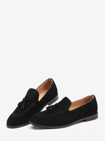 ブラック メンズ スエード タッセル ローファー ポインテッドトゥ ローヒール スモーキングシューズ スリッポン タッセル ペニーシューズ
