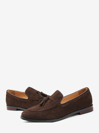 メンズ スエード タッセル ローファー ポインテッドトゥ ローヒール スモーキングシューズ スリッポン タッセル ペニーシューズ