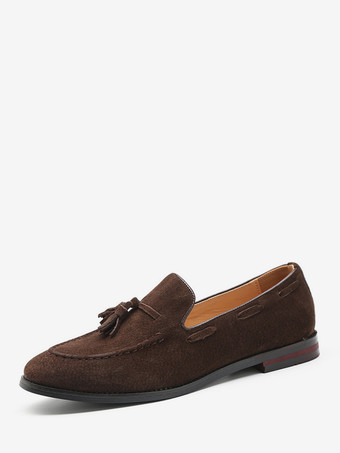 ブラウンメンズ スエード タッセル ローファー ポインテッドトゥ ローヒール スモーキングシューズ スリッポン タッセル ペニーシューズ