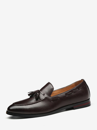 メンズ タッセルローファー ポインテッドトゥ ローヒール スリッポン レザー ペニーシューズ