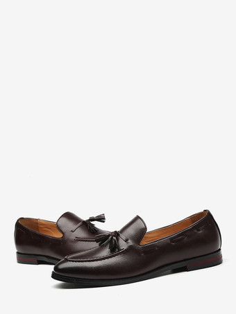 ブラウンメンズ タッセルローファー ポインテッドトゥ ローヒール スリッポン レザー ペニーシューズ