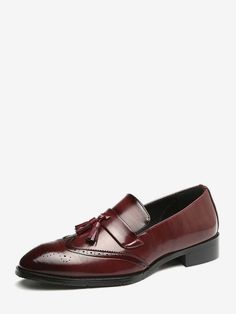 レッド メンズ タッセルローファー レザー ウィングチップパターン フォーマルシューズ スリッポン ポインテッドトゥ ペニーシューズ