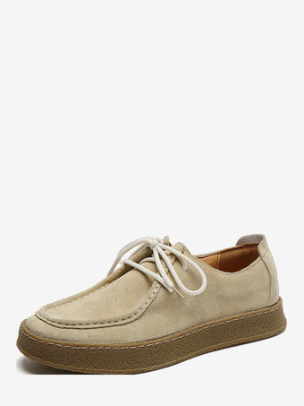 ライト アプリコットメンズ スエードローファー レースアップ スリッポン 2ホール 厚底 ウォーキングシューズ ローカット 軽量 モカシンシューズ