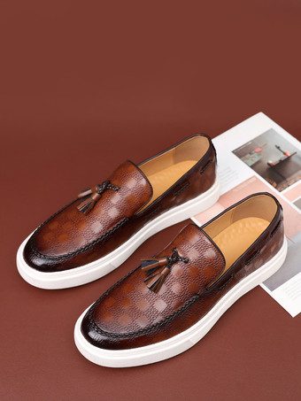 メンズ タッセルローファー チェック柄 レザー スリッポン タッセル ペニーシューズ ラウンドトゥ ロートップ プラットフォーム チャンキーシューズ