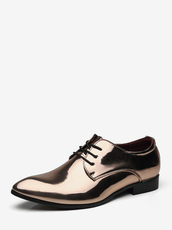 ゴールド メンズドレスシューズ レースアップ パテントレザー ダービーシューズ ブロックヒール スリッポン ローカット フォーマルシューズ